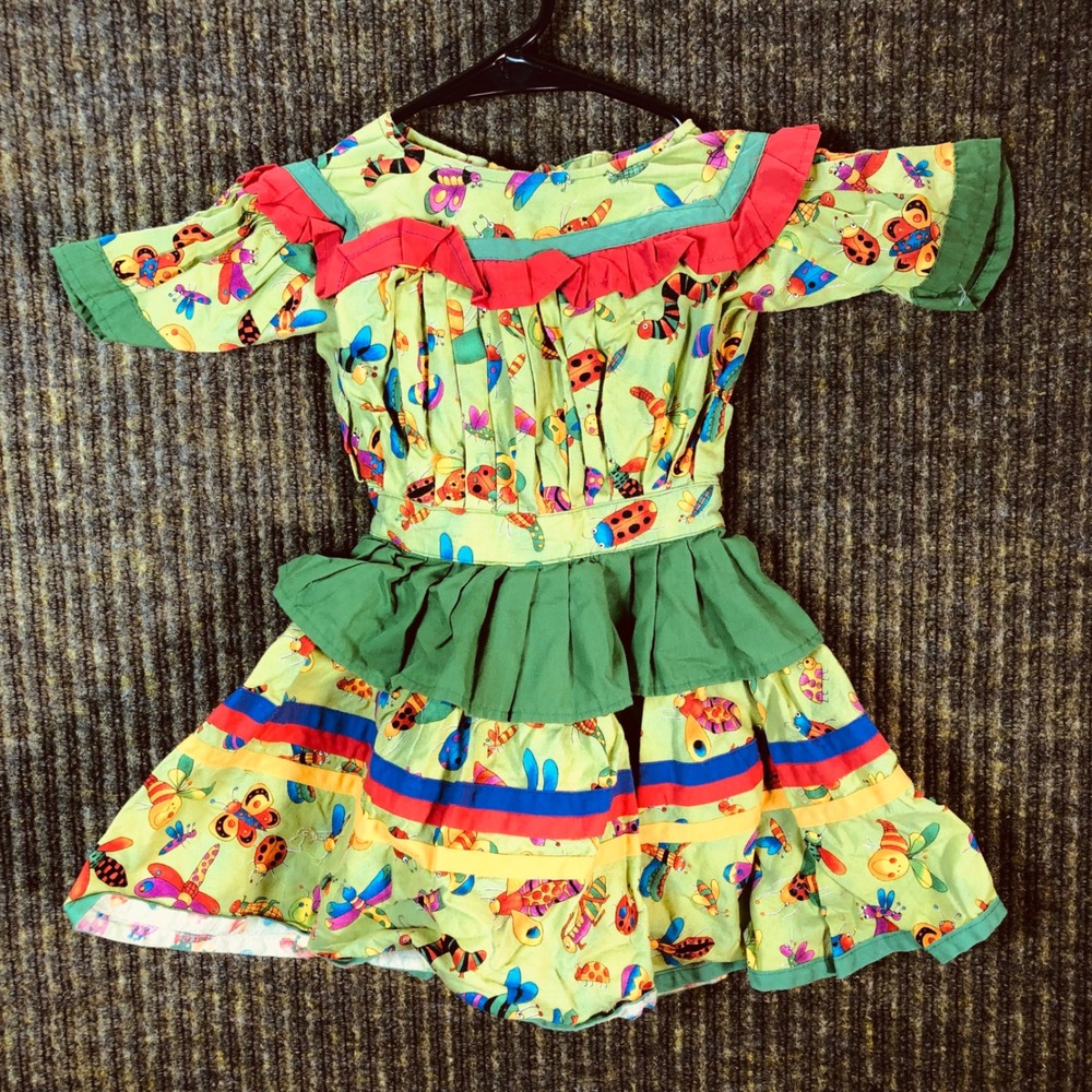 Native American‎ Kids Bug Ladybug Butterfly Print Dress Ruffle Trim Green Yellow